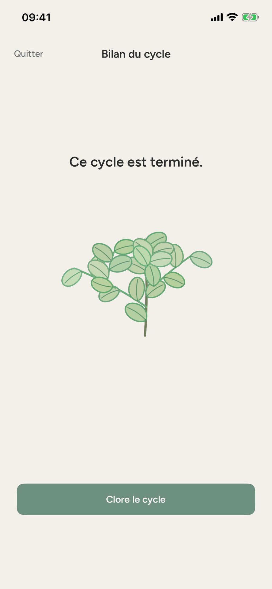 L'écran de clôture de FamEase : « Ce cycle est terminé », l'arbre du foyer au centre, et le bouton « Clore le cycle ».