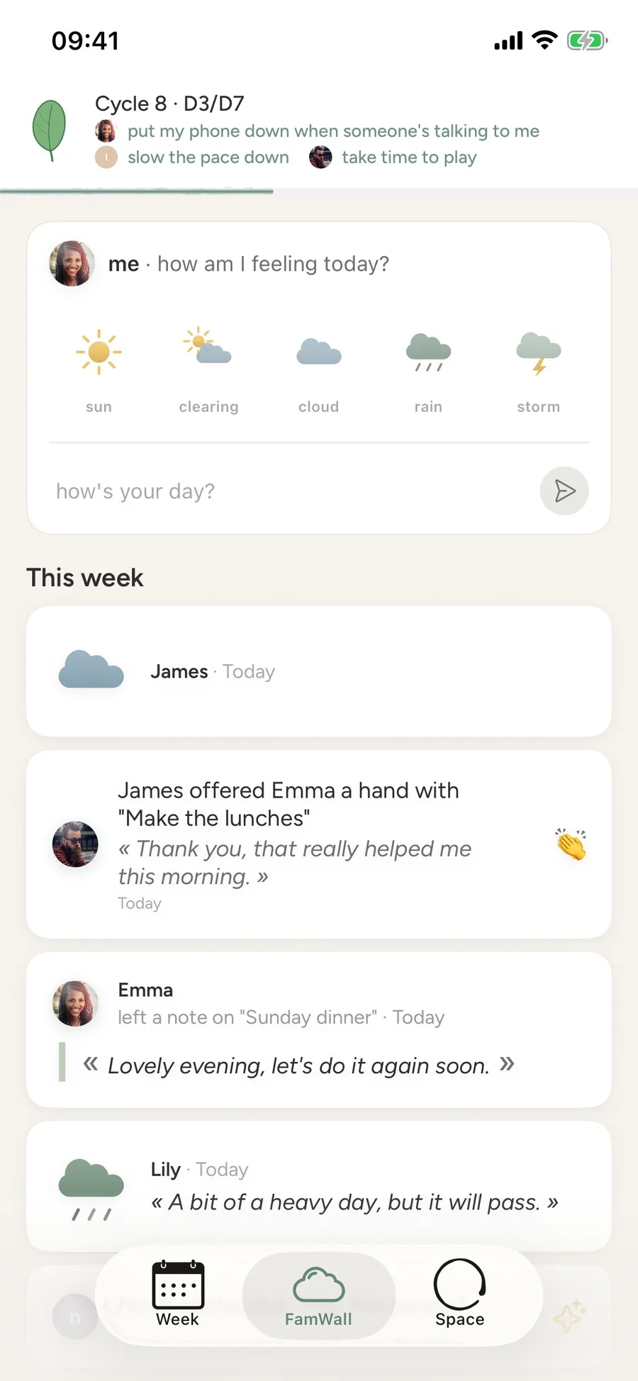 The FamEase app open on the Smiths' FamWall: how everyone's doing this week, at a glance.