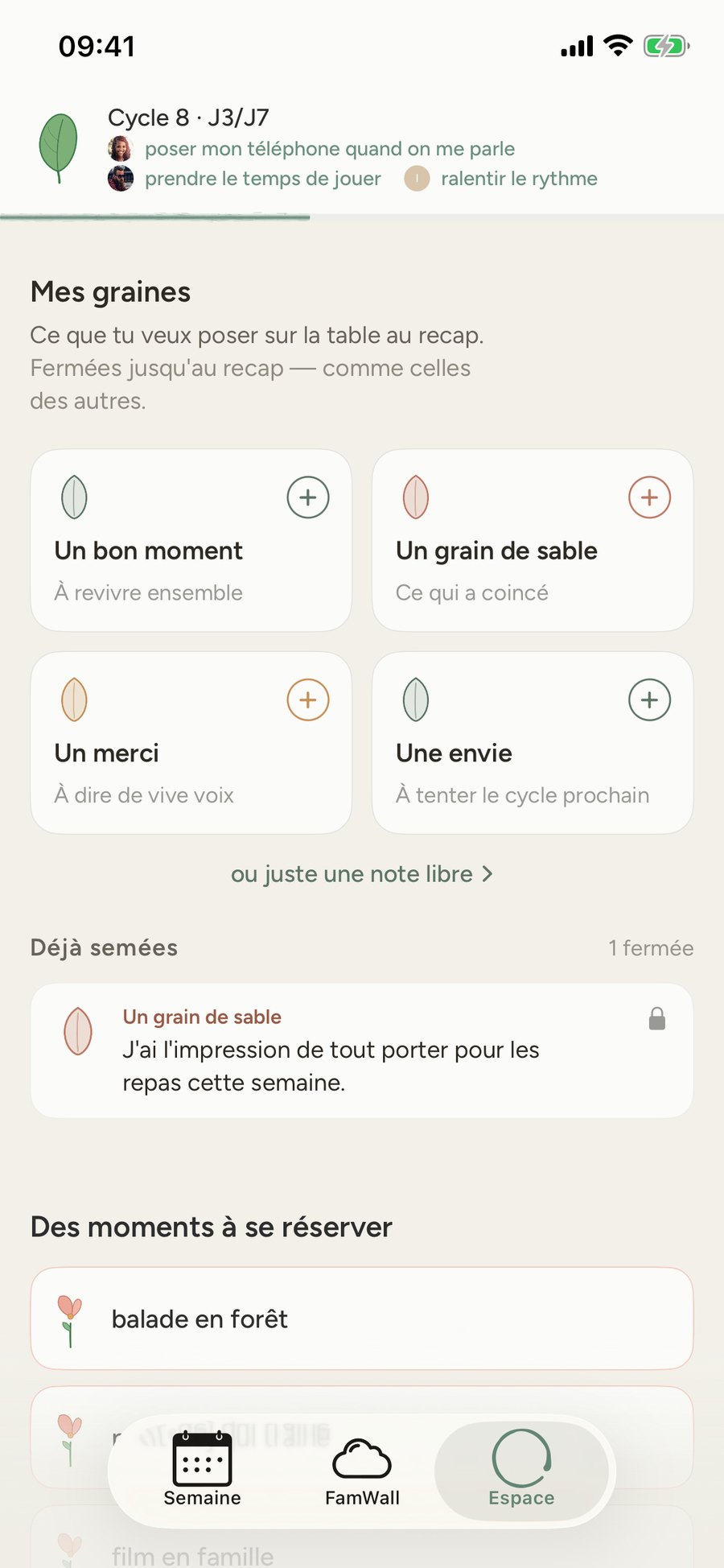 L'écran Espace de FamEase.