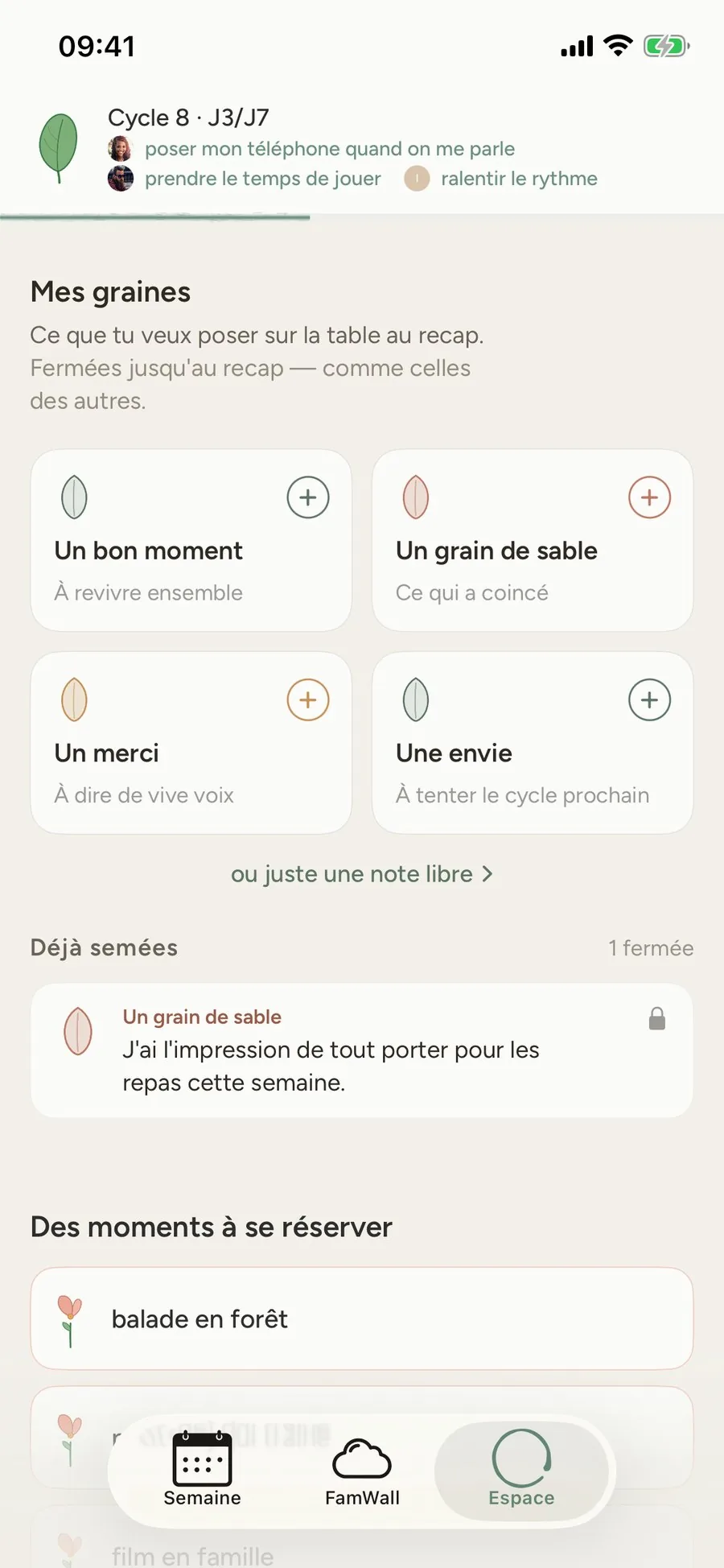 L'écran Espace de FamEase.