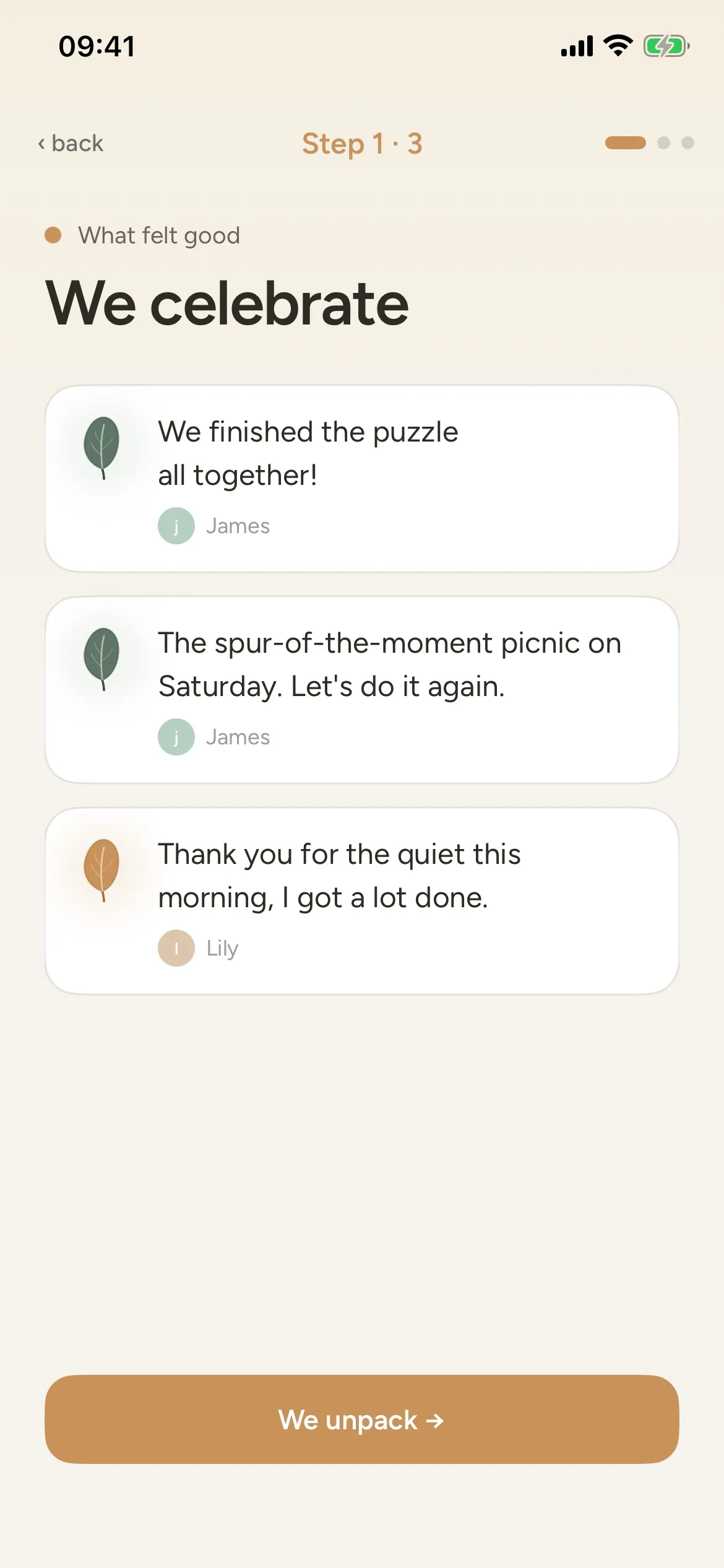 FamEase Recap screen, « We celebrate »: opening the seeds one by one (two open, one still sealed).
