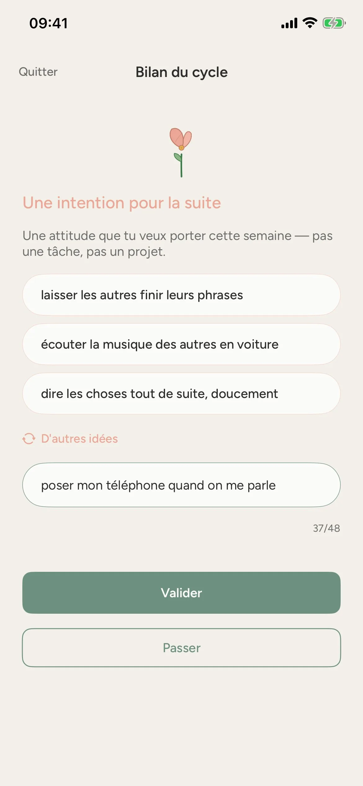 Écran de clôture de FamEase — « Une intention pour la suite ».