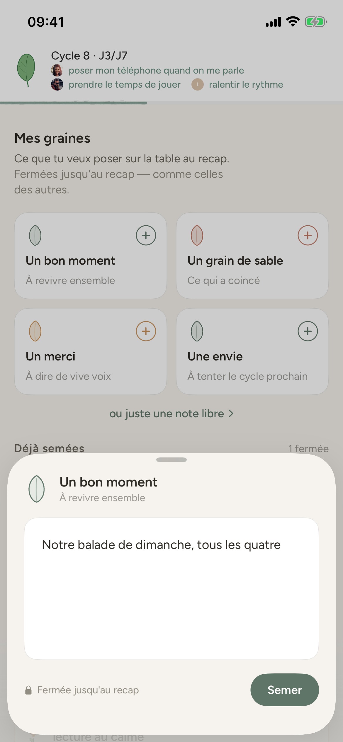 Écran Espace de FamEase : on écrit une note « Un bon moment » (Notre balade de dimanche), fermée jusqu'au recap.