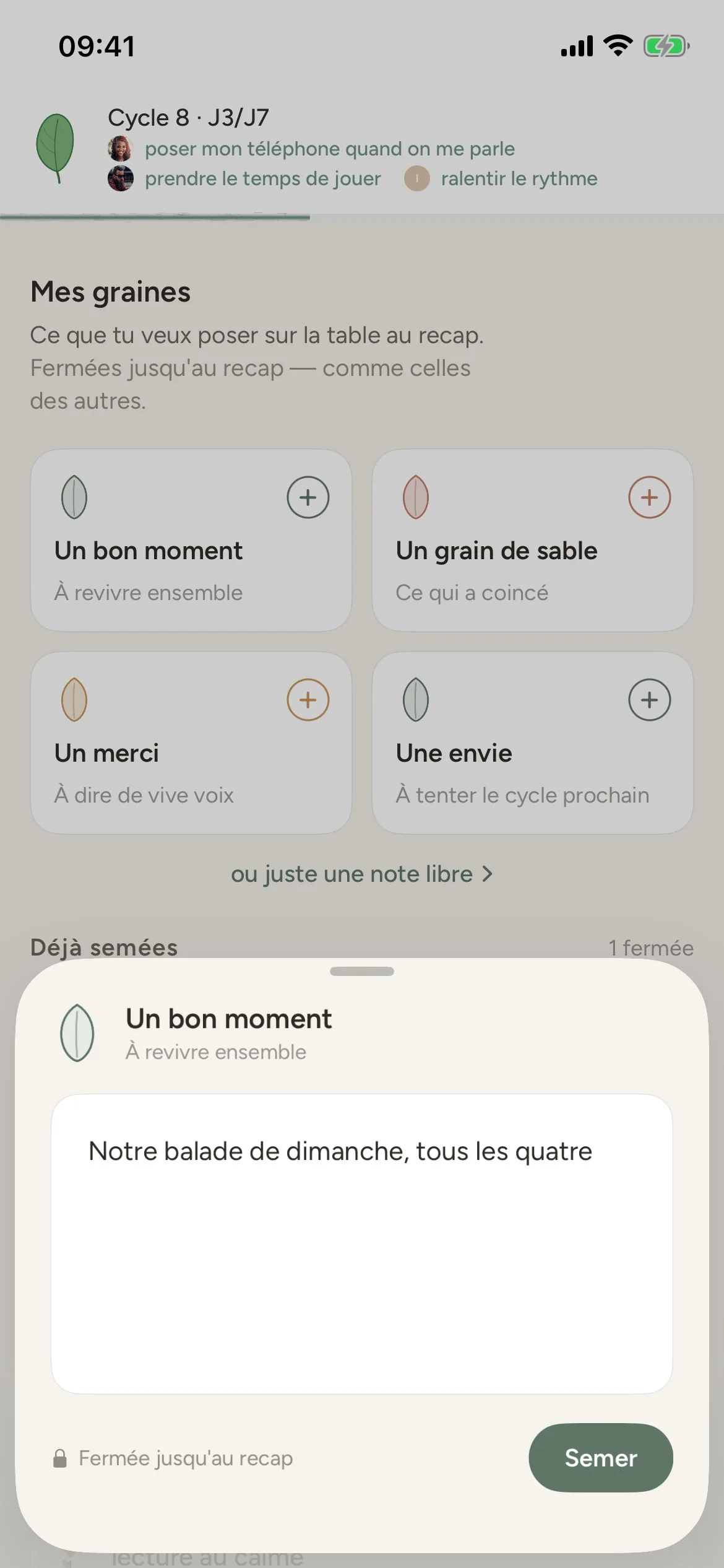 Écran Espace de FamEase : on écrit une note « Un bon moment » (Notre balade de dimanche), fermée jusqu'au recap.